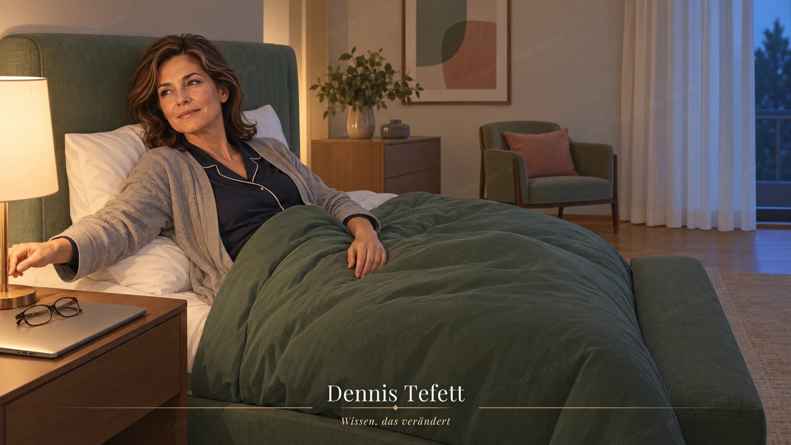 Illustration: Dieselbe Frau Anfang fünfzig liegt zurückgelehnt im Bett, der Laptop steht zugeklappt auf dem Nachttisch neben der zusammengelegten Brille. Eine Hand greift zum Schalter der Nachttischlampe, das Gesicht ist ruhig.