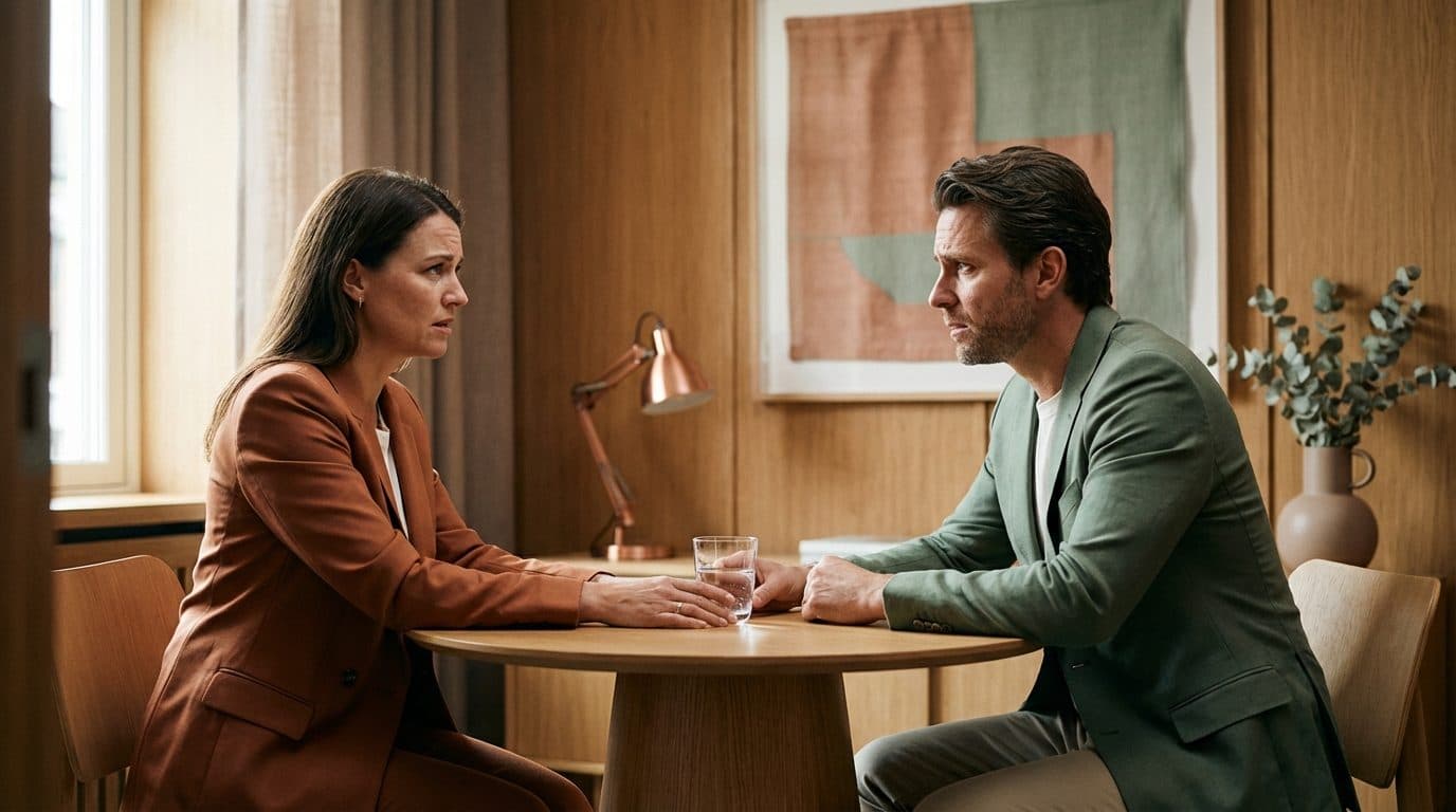 Zwei Personen in einem vertraulichen Führungsgespräch mit konzentrierter und wertschätzender Atmosphäre