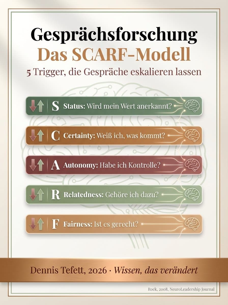 Infografik zur neurobiologischen Stressreaktion bei schwierigen Gesprächen: Amygdala-Aktivierung, emotionale Trigger und die Schutzfunktion offener Kommunikation