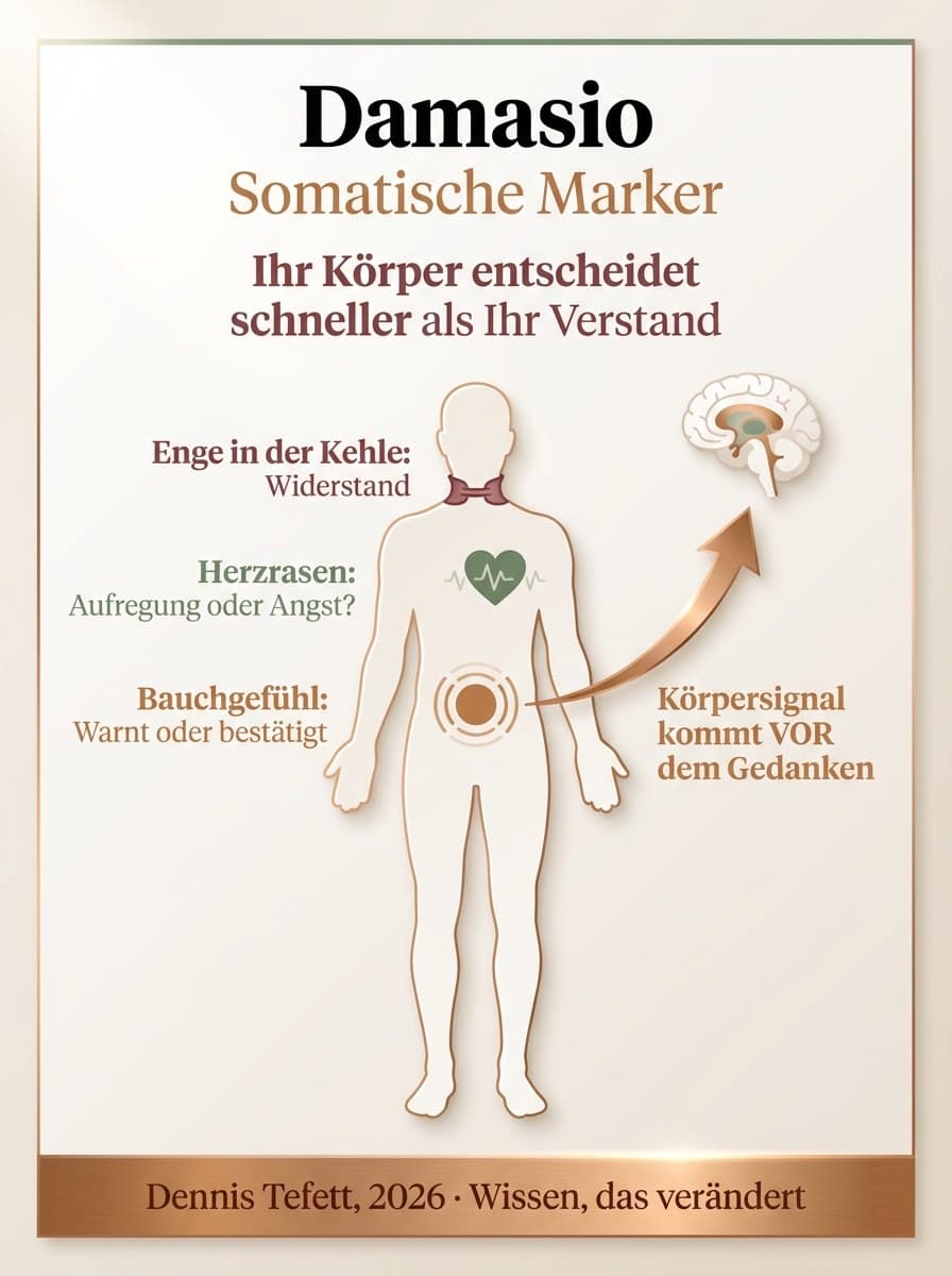 Infografik zur Entstehung somatischer Marker: Drei Schritte von der gespeicherten Erfahrung über die Mustererkennung bis zum körperlichen Entscheidungssignal
