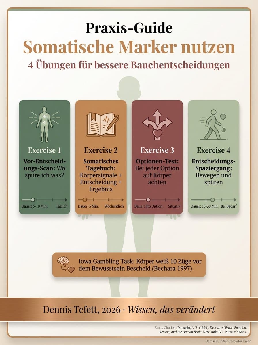 Infografik zur Integration von Kopf und Körper bei Entscheidungen: Analyse liefert Optionen, der Körper bewertet, bewusste Integration führt zu besseren Ergebnissen