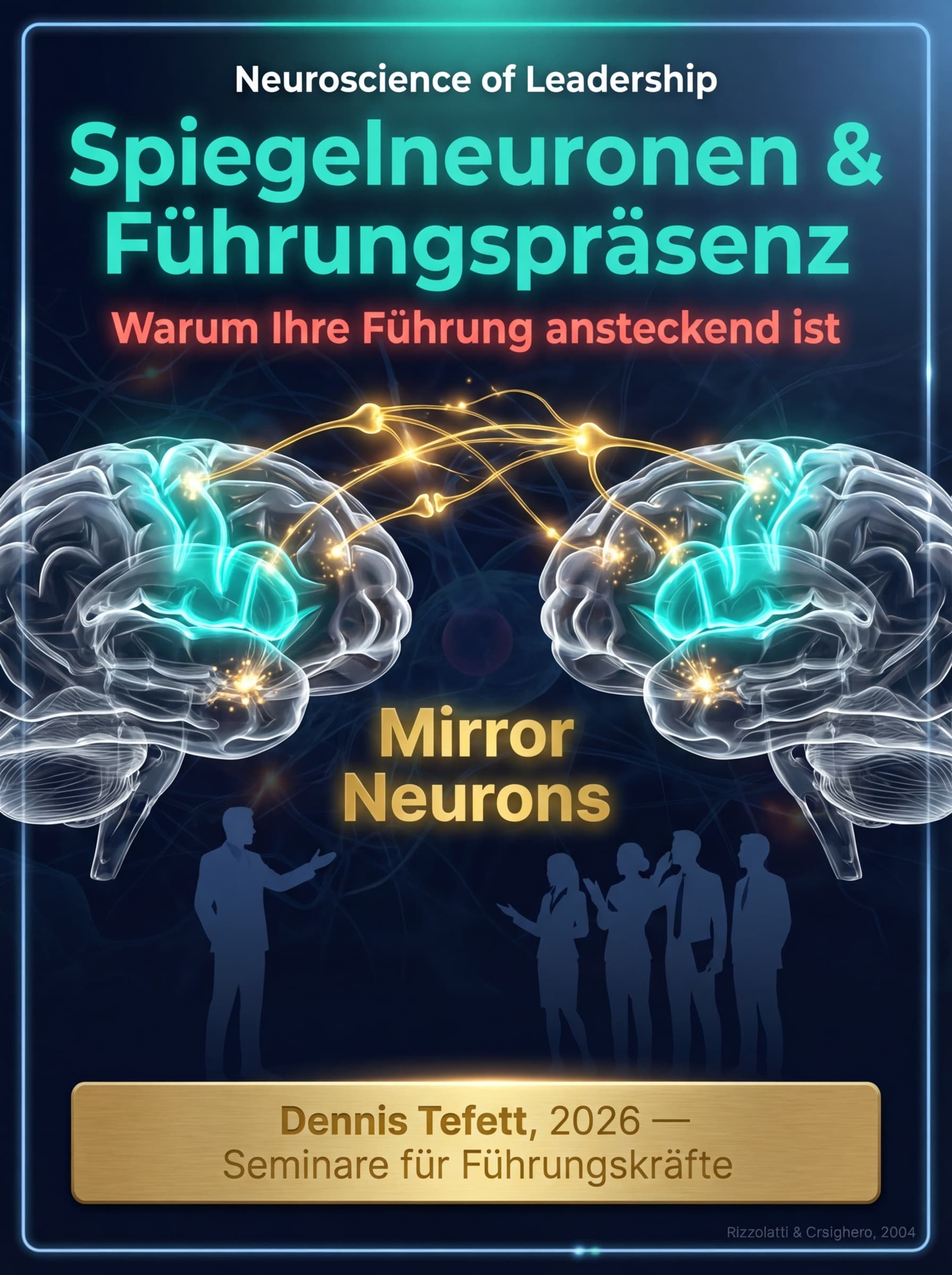 Zwei Silhouetten, die sich gegenüberstehen, mit leuchtenden Spiegelneuronen-Bahnen, die ihre Gehirne verbinden. Türkise neuronale Netzwerke pulsieren zwischen ihnen, goldene Lichtknoten an den synaptischen Verbindungen symbolisieren emotionale Resonanz und Führungspräsenz. © 2026 Dennis Tefett