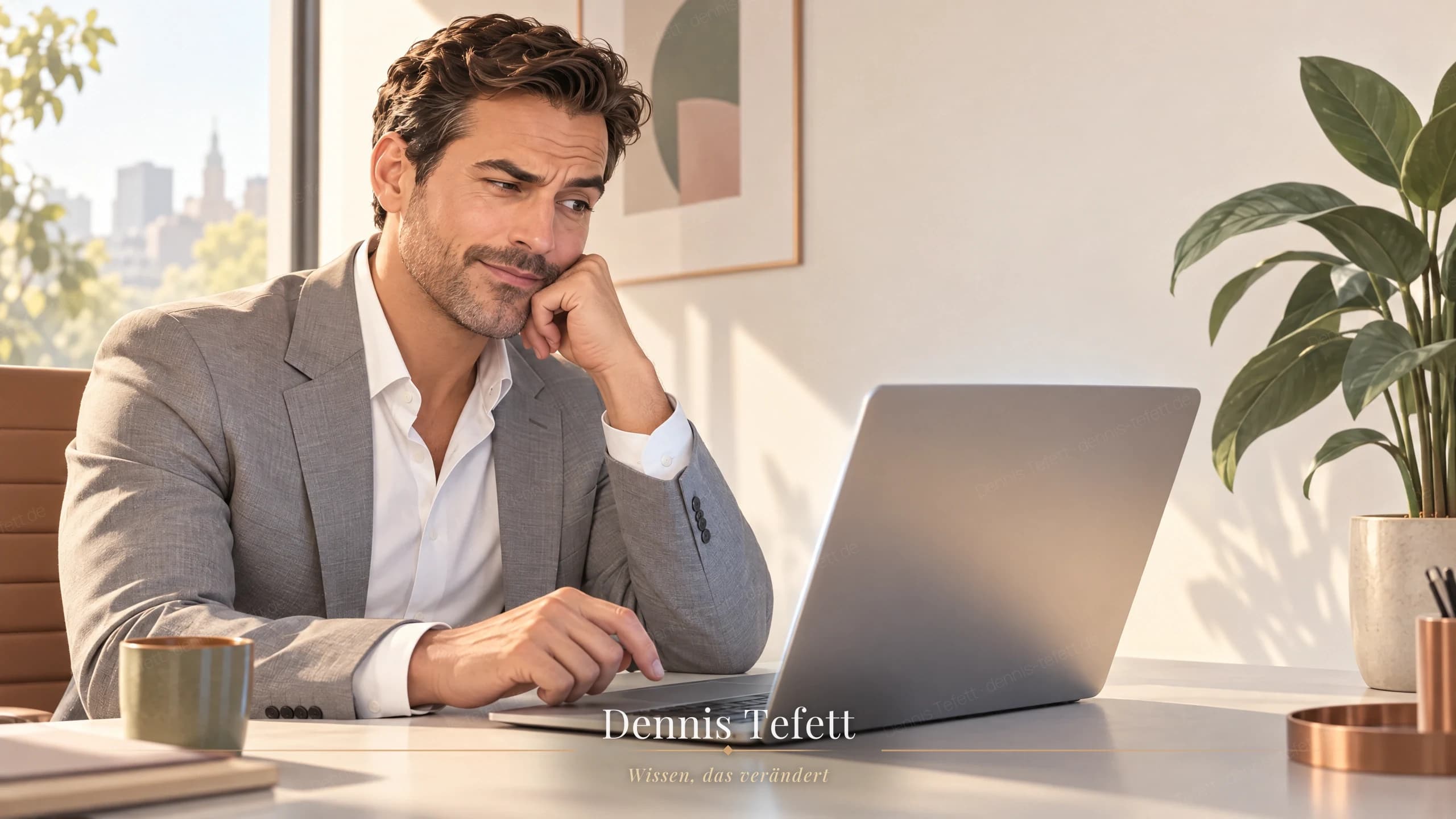 Illustration: Ein Strategieleiter stützt das Kinn in die Hand und zögert mit dem Finger über der Tastatur vor dem leuchtenden Bildschirm.