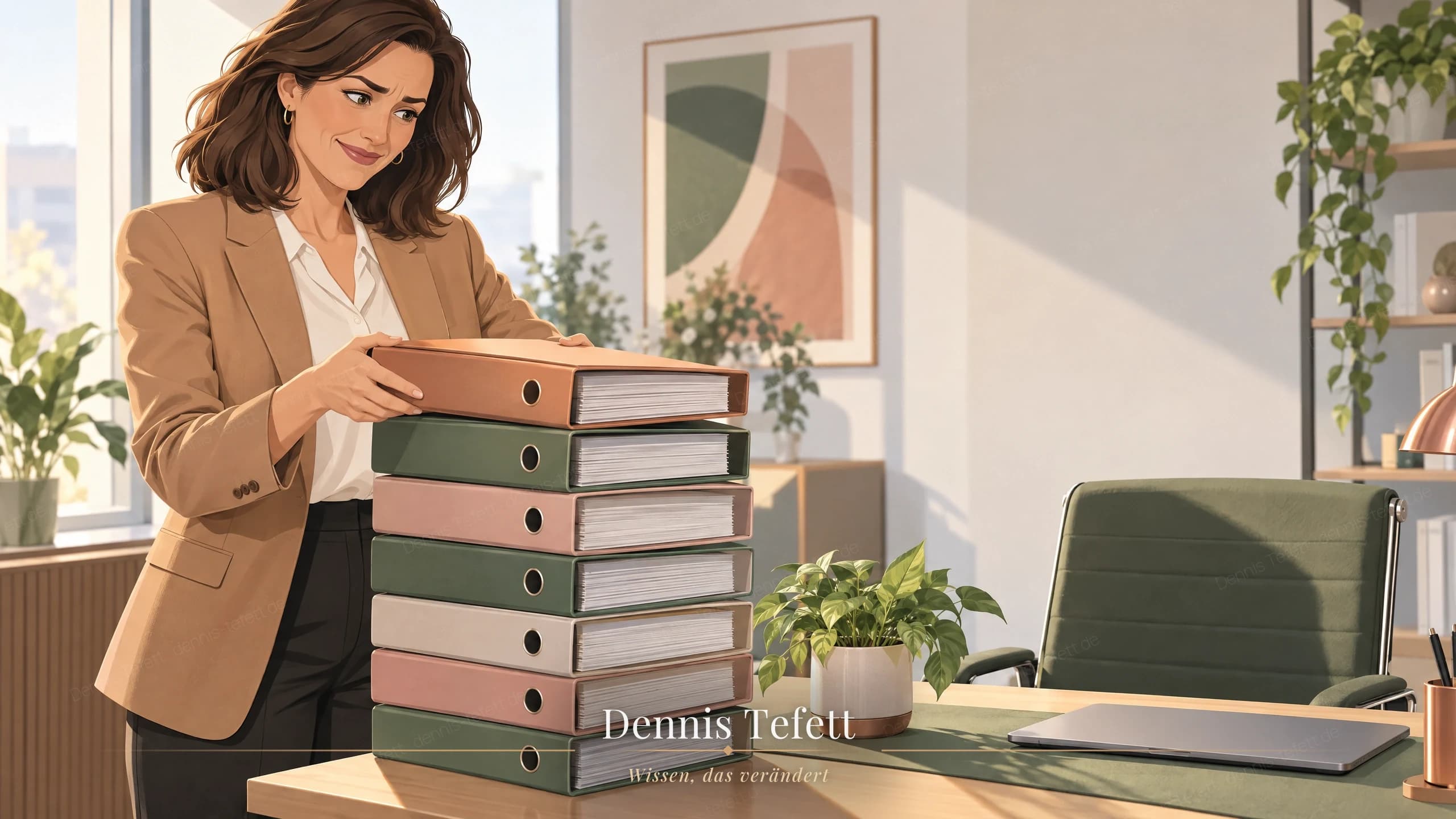 Illustration: Eine Teamleiterin hält den obersten Ordner eines hohen Stapels und blickt zweifelnd auf den vorbereiteten Platz der neuen Kollegin.