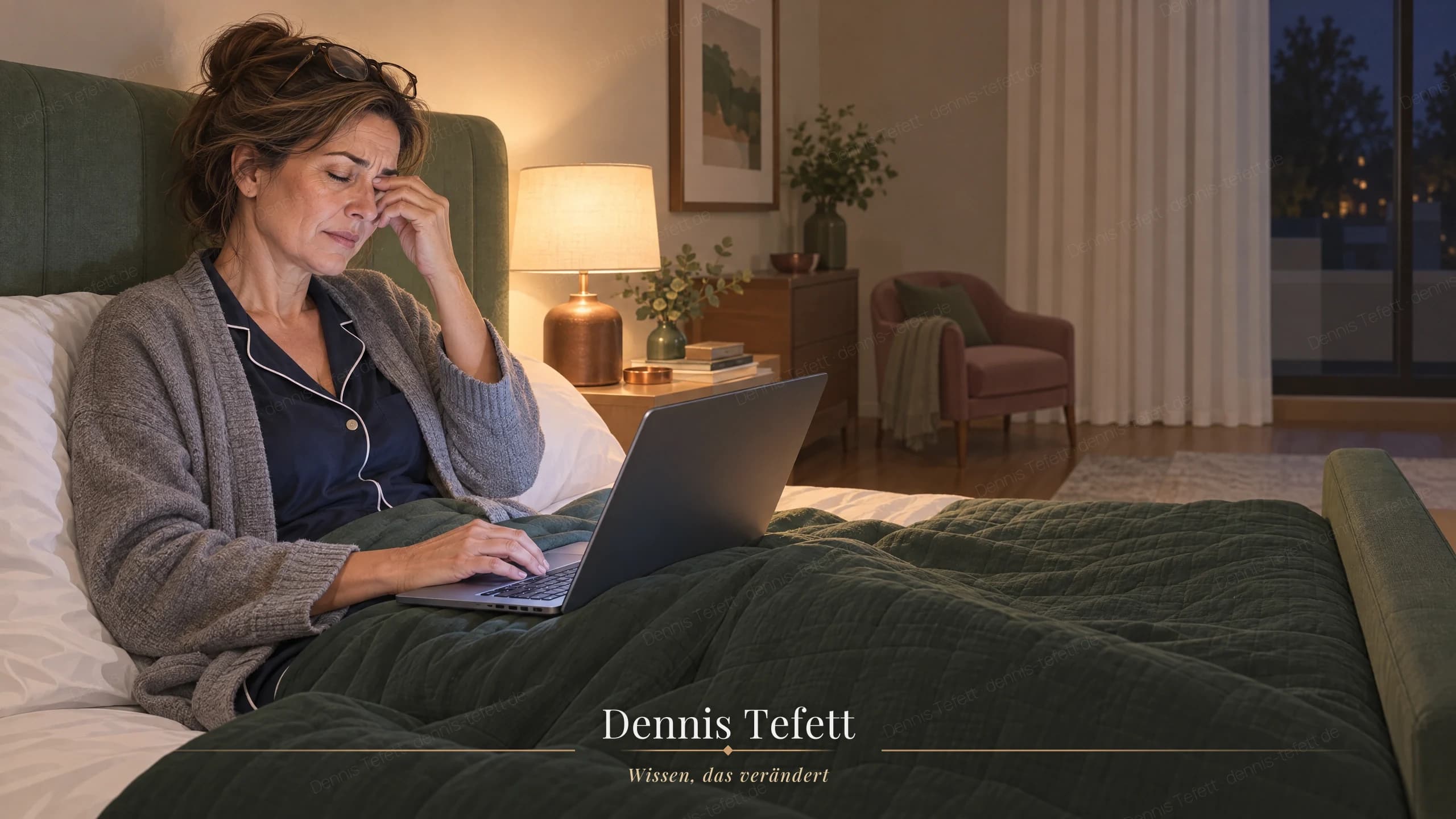 Illustration: Eine Geschäftsführerin sitzt nach Mitternacht aufrecht im Bett an das Kopfteil gelehnt, der Laptop liegt auf der Decke über ihren Beinen, sie reibt sich die Augen.