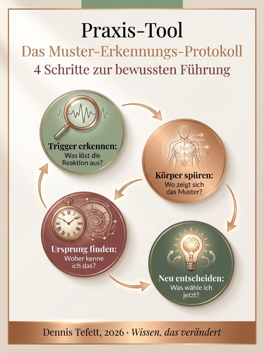 Infografik Methoden zur Mustererkennung und bewussten Verhaltensänderung für Führungskräfte.