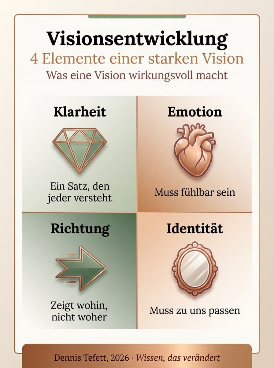 Infografik zu den drei Dimensionen einer überzeugenden Vision: Orientierung in Komplexität, emotionale Bindung und kollektive Energie im Führungskontext