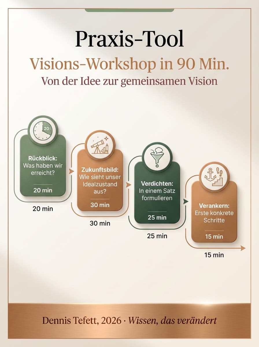 Infografik zu den fünf Schritten der Visionsentwicklung: Vom persönlichen Antrieb über das Zukunftsbild bis zur wirkungsvollen Kommunikation durch Storytelling
