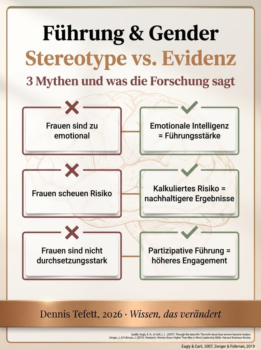 Infografik: 5 neurowissenschaftlich fundierte Strategien für authentische Führung. Empathie als Stärke, Double Bind navigieren, Sponsoring suchen, Unconscious Bias sichtbar machen, eigene Führungsidentität definieren. Dennis Tefett Coaching Akademie 2026.