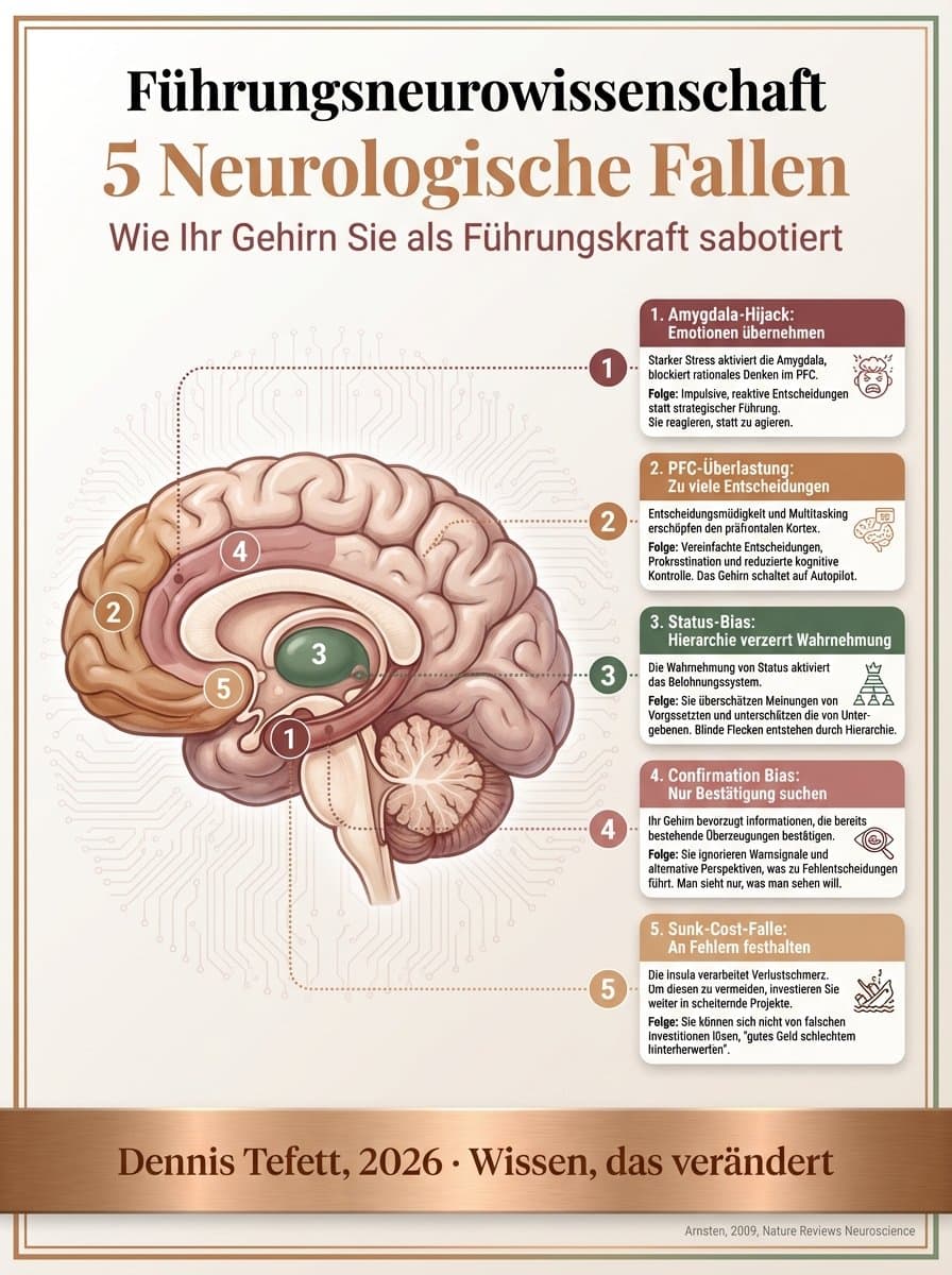 Infografik zu den drei gefährlichsten kognitiven Verzerrungen im Führungsalltag: Bestätigungsfehler, Verfügbarkeitsfalle und Ankereffekt mit Praxisbeispielen