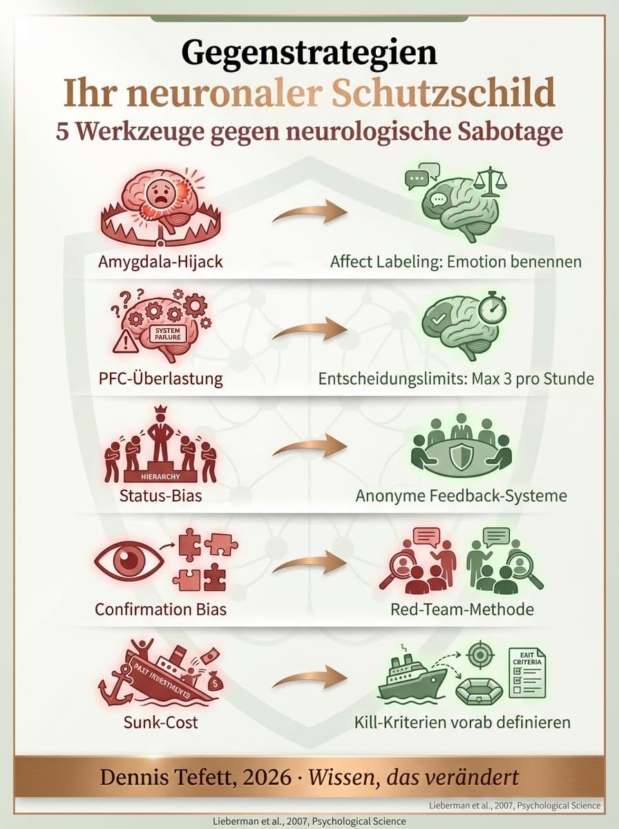 Infografik zum STOP-Framework für bessere Entscheidungen: Stoppen und benennen, Gegenposition testen und Timing prüfen als Schutz vor Denkfehlern