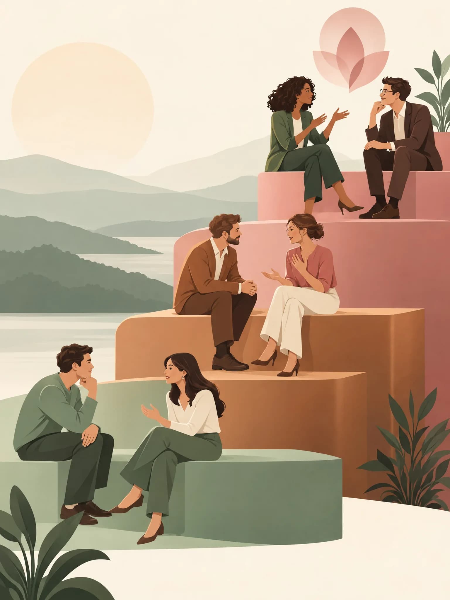 Drei aufsteigende Ebenen in Sage, Kupfer und Rose, Sinnbild für kognitives, emotionales und schöpferisches Zuhören