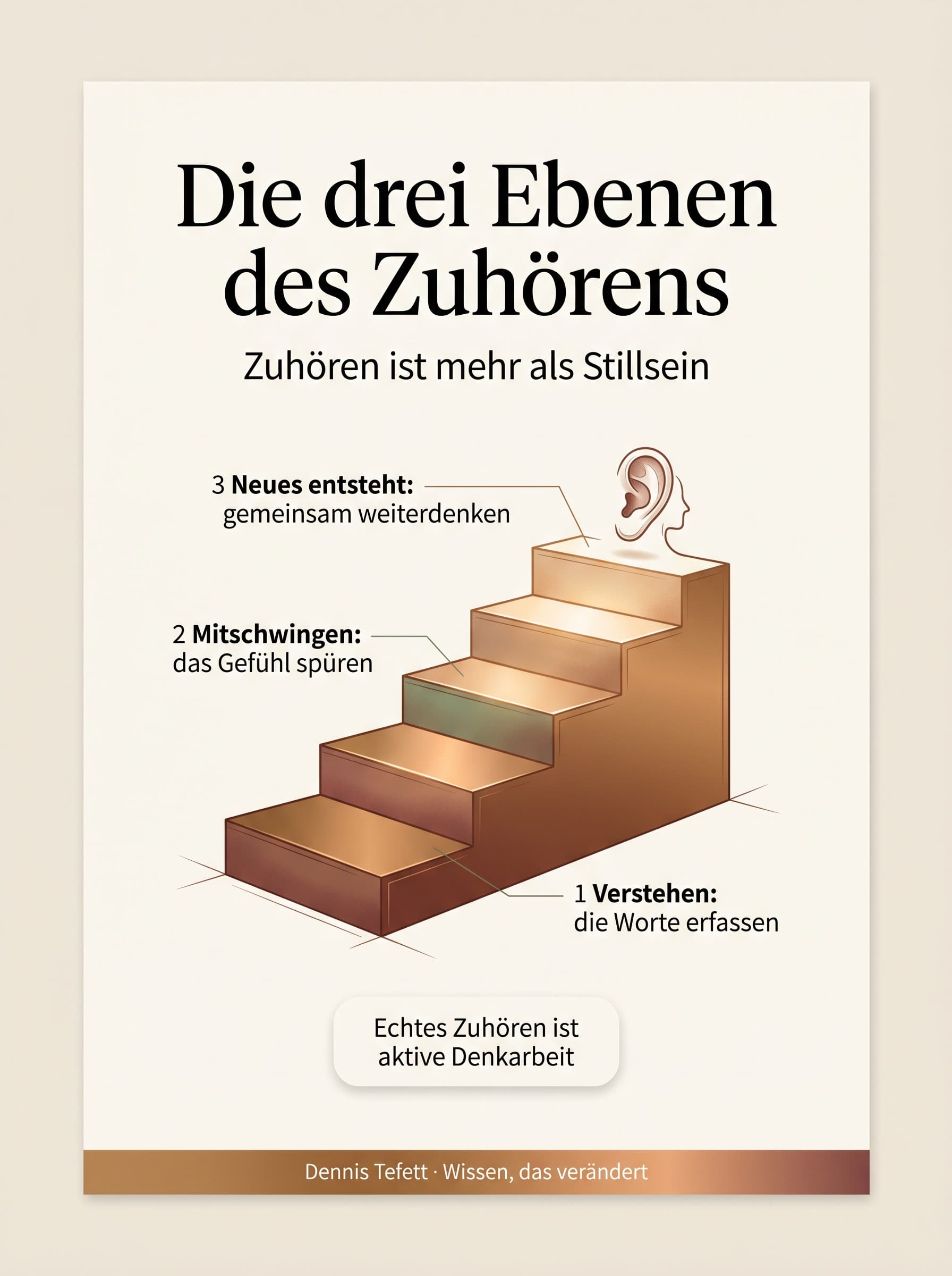 Infografik: Die drei Ebenen des aktiven Zuhörens. Erstens Verstehen, die Worte erfassen. Zweitens Mitschwingen, das Gefühl spüren. Drittens gemeinsam Neues entstehen lassen. Echtes Zuhören ist aktive Denkarbeit.