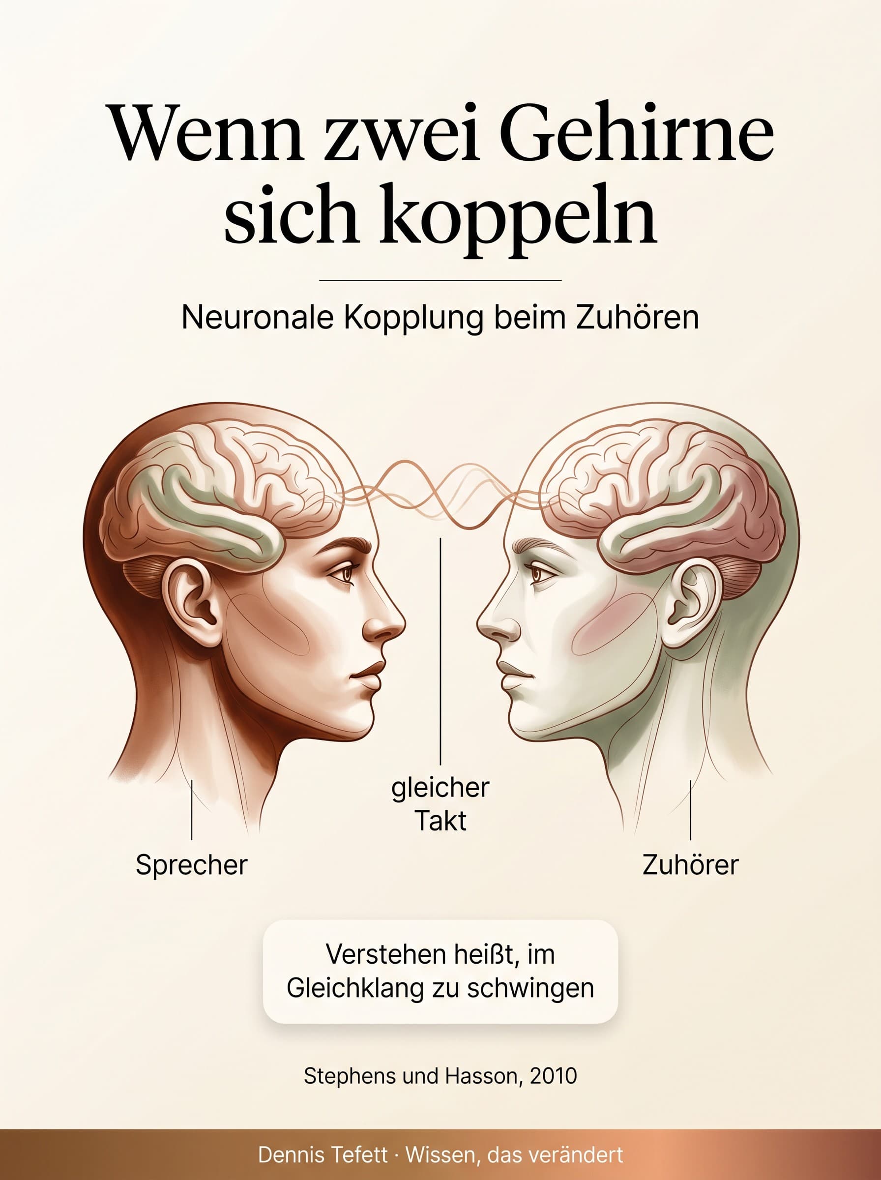 Infografik: Beim aufmerksamen Zuhören koppeln sich die Gehirne von Sprecher und Zuhörer und schwingen im gleichen Takt. Verstehen heißt, im Gleichklang zu schwingen. Nach Stephens und Hasson, 2010.