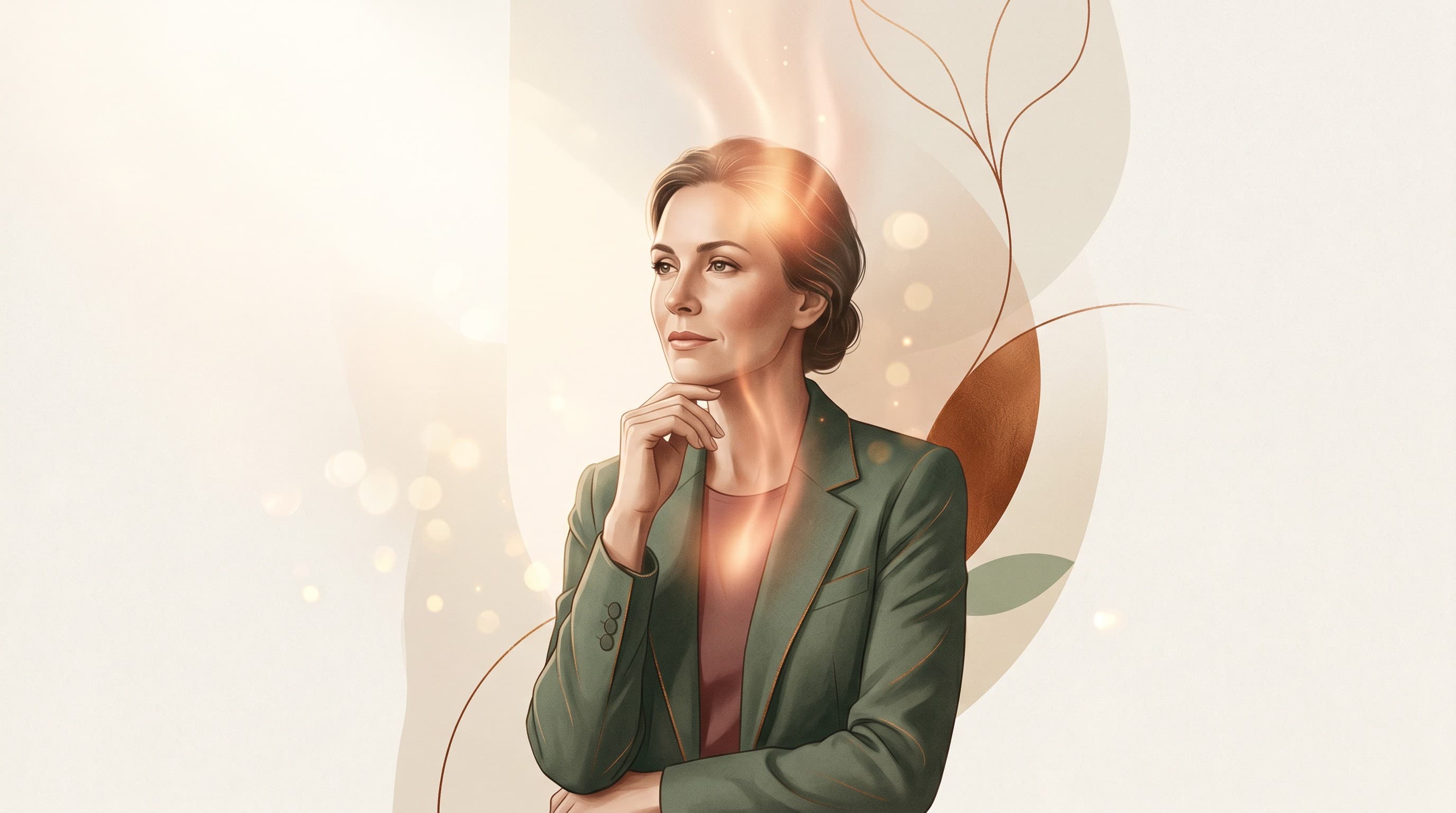 Zwei Profile auf Augenhöhe, eines fragt, eines denkt, warmes Sage- und Kupferlicht