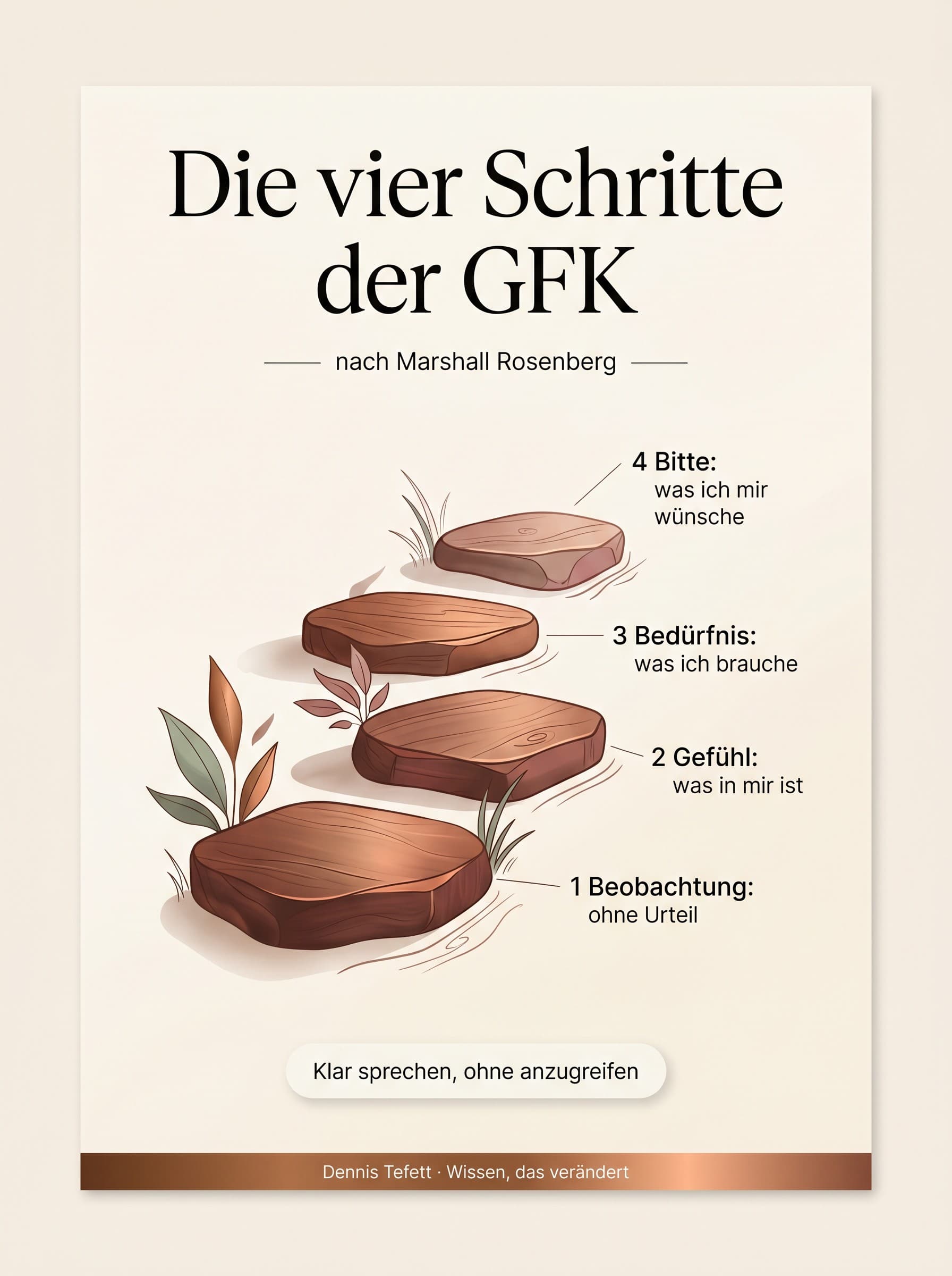Infografik: Die vier Schritte der Gewaltfreien Kommunikation nach Marshall Rosenberg. Erstens Beobachtung ohne Urteil, zweitens Gefühl, drittens Bedürfnis, viertens Bitte.