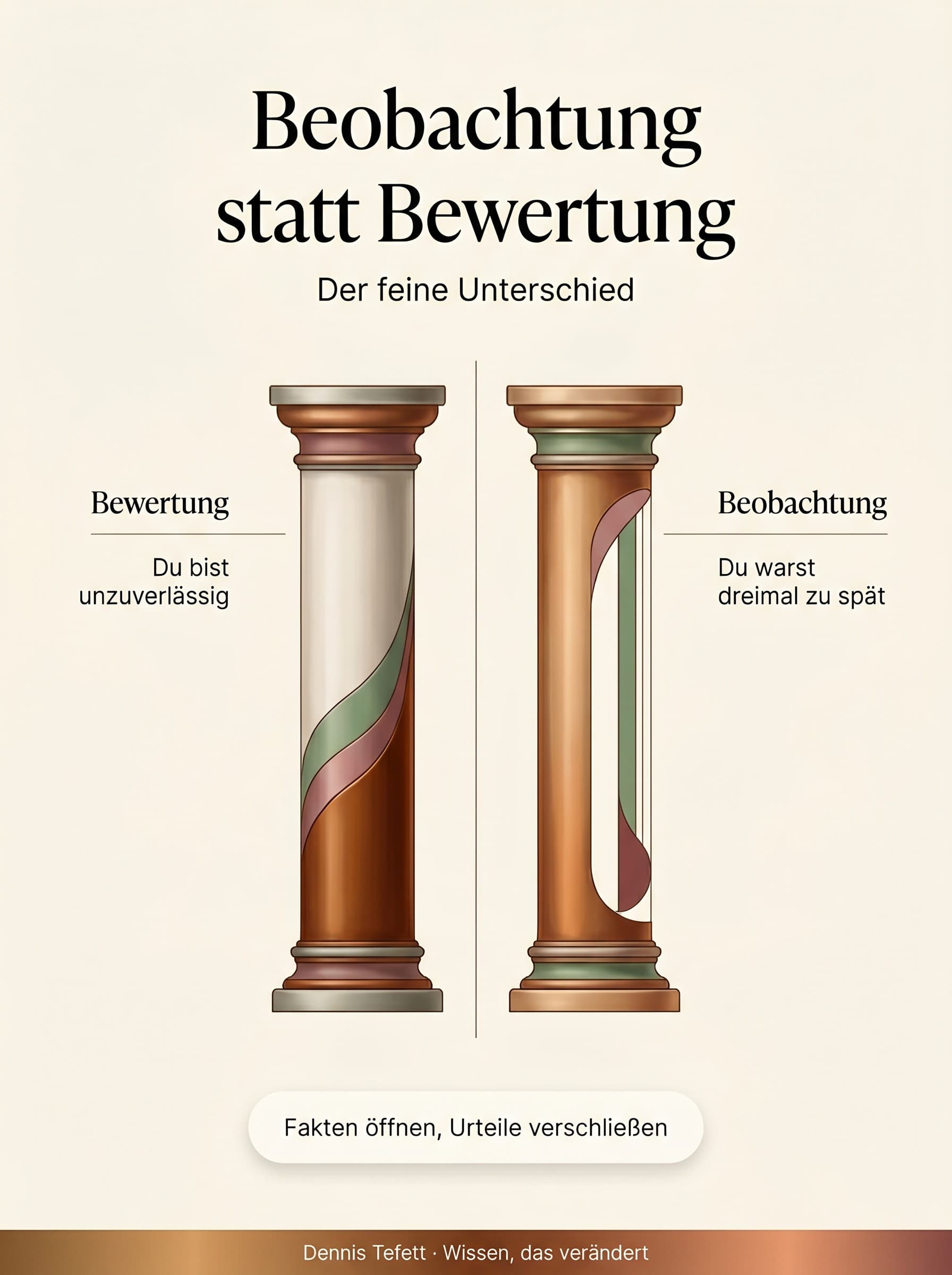 Infografik: Der Unterschied zwischen Bewertung und Beobachtung. Bewertung, du bist unzuverlässig. Beobachtung, du warst dreimal zu spät. Fakten öffnen, Urteile verschließen.