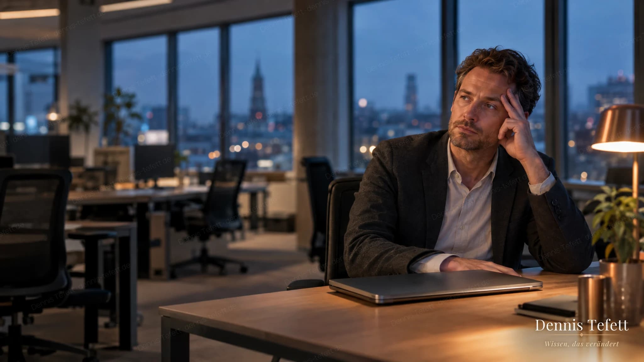 Ein Mann Anfang vierzig sitzt in der Dämmerung allein im leeren Büro, die Hand an der Schläfe, der Laptop ist zugeklappt.