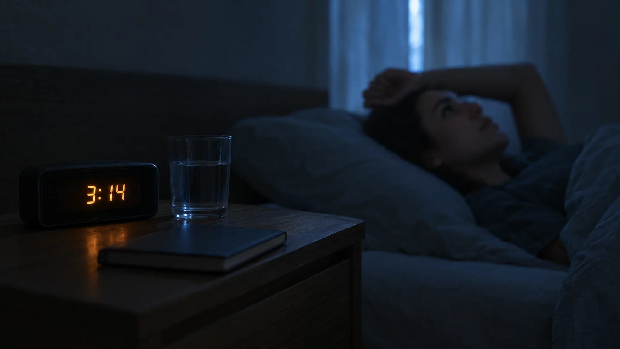 Ein Wecker auf dem Nachttisch zeigt 3:14 Uhr, dahinter liegt jemand wach im Bett, den Arm über der Stirn.