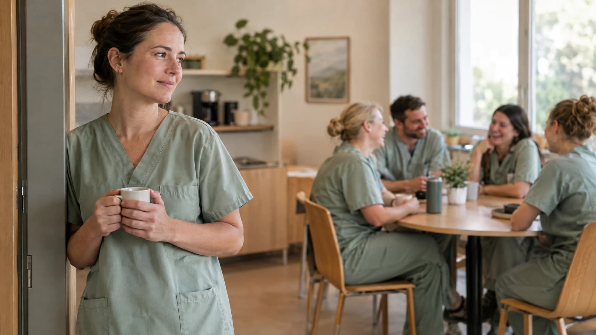 Eine Stationsleitung steht mit der Tasse am Türrahmen, am Tisch lachen ihre früheren Kolleginnen miteinander.