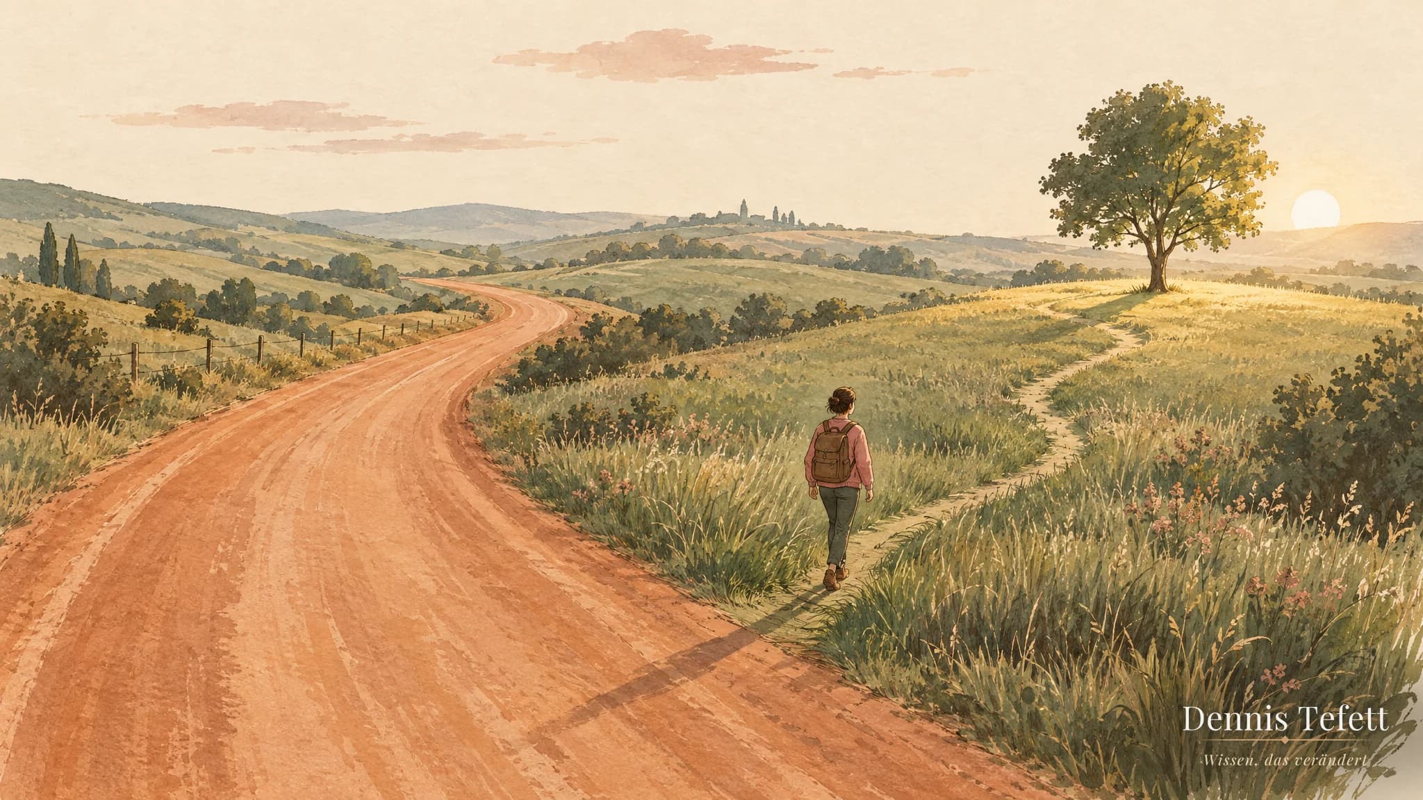 Gemalte Landschaft: eine breite kupferfarbene Straße und ein schmaler grüner Pfad, auf dem ein Mensch die ersten Schritte geht.