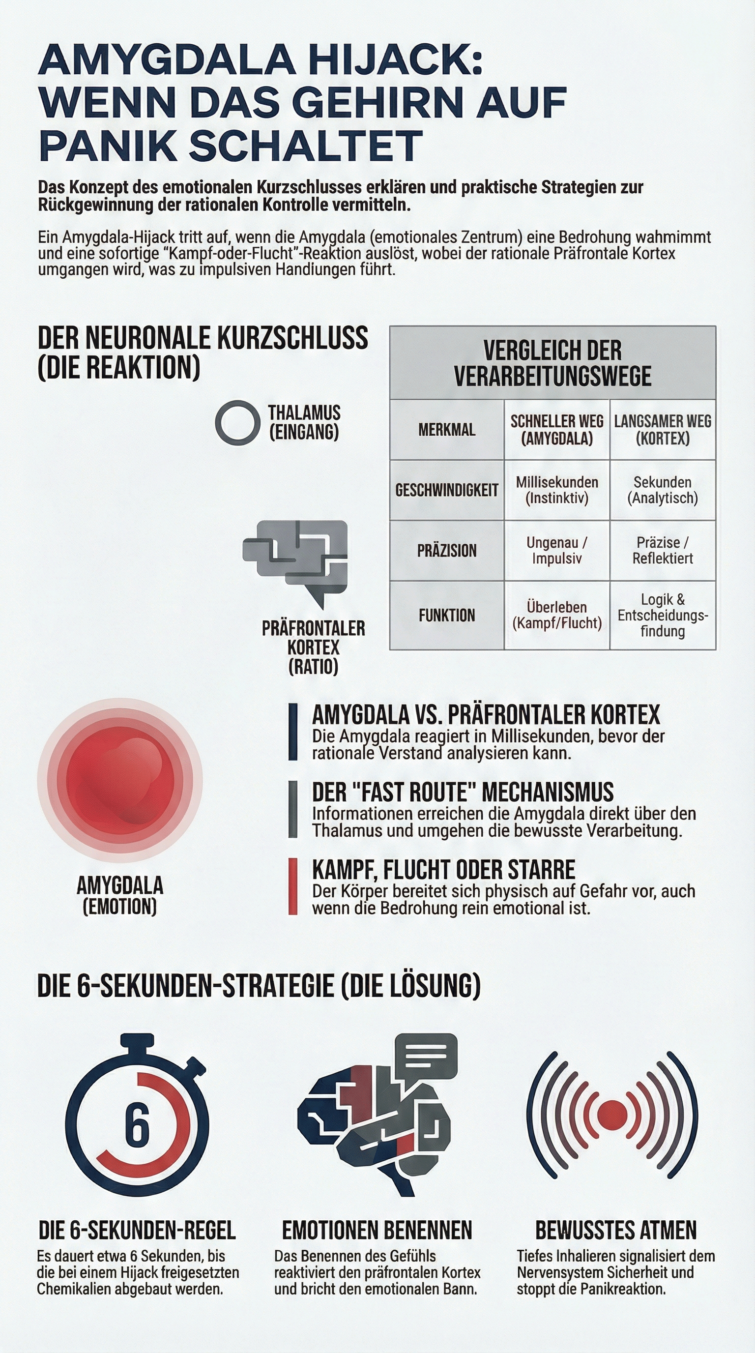 Infografik: Amygdala Hijack — Der neuronale Kurzschluss und die 6-Sekunden-Strategie