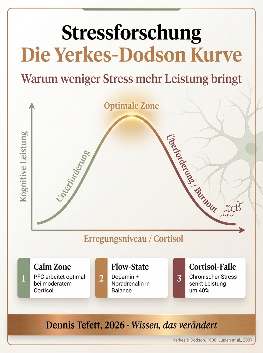 Infografik: Die Yerkes-Dodson-Kurve zeigt die umgekehrte U-Beziehung zwischen Aktivierung und Leistung. Optimale Zone in der Mitte, Leistungsabfall bei Über- und Unteraktivierung.