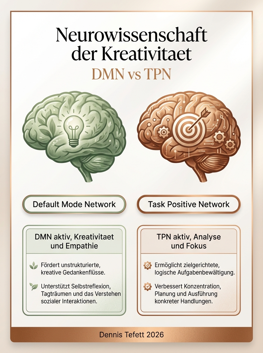 Infografik: 5 Strategien für Calm Productivity. 90/20-Rhythmus, DMN-Pausen, Parasympathische Aktivierung, Yerkes-Dodson-Monitoring, chronobiologische Planung.