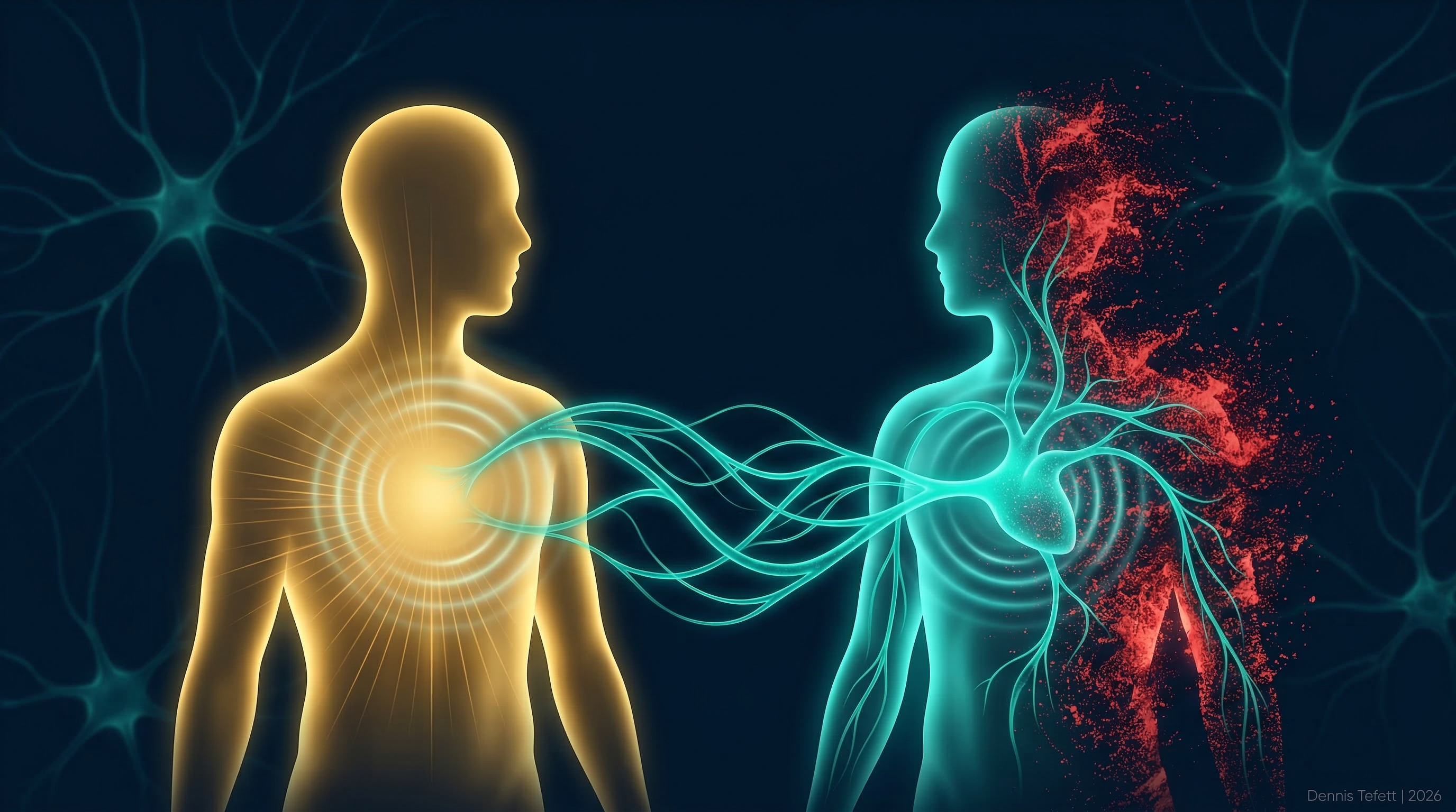 Goldene Silhouette einer regulierten Führungskraft mit strahlender Brust, verbunden durch fließende türkise Nervenbahnen mit einer zweiten Figur, deren chaotische rote Partikel sich zu ruhigem Türkis wandeln. Co-Regulation des Nervensystems.