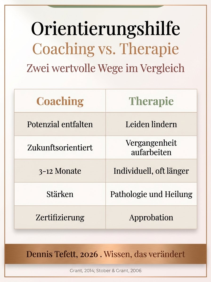 Infografik: Coaching vs. Therapie Vergleich. 7 Dimensionen, Ziel, Methode, Dauer. Dennis Tefett, 2026.