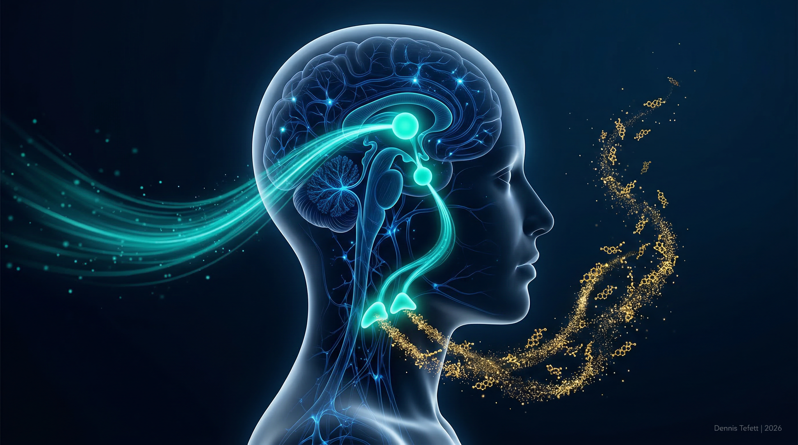 Cortisol und das Gehirn: Visualisierung der HPA-Achse mit Hypothalamus, Hypophyse und Nebennierenrinde. Türkise Signalwege zeigen die Cortisol-Ausschüttung, goldene Akzente markieren die Regulationspunkte im Nervensystem.