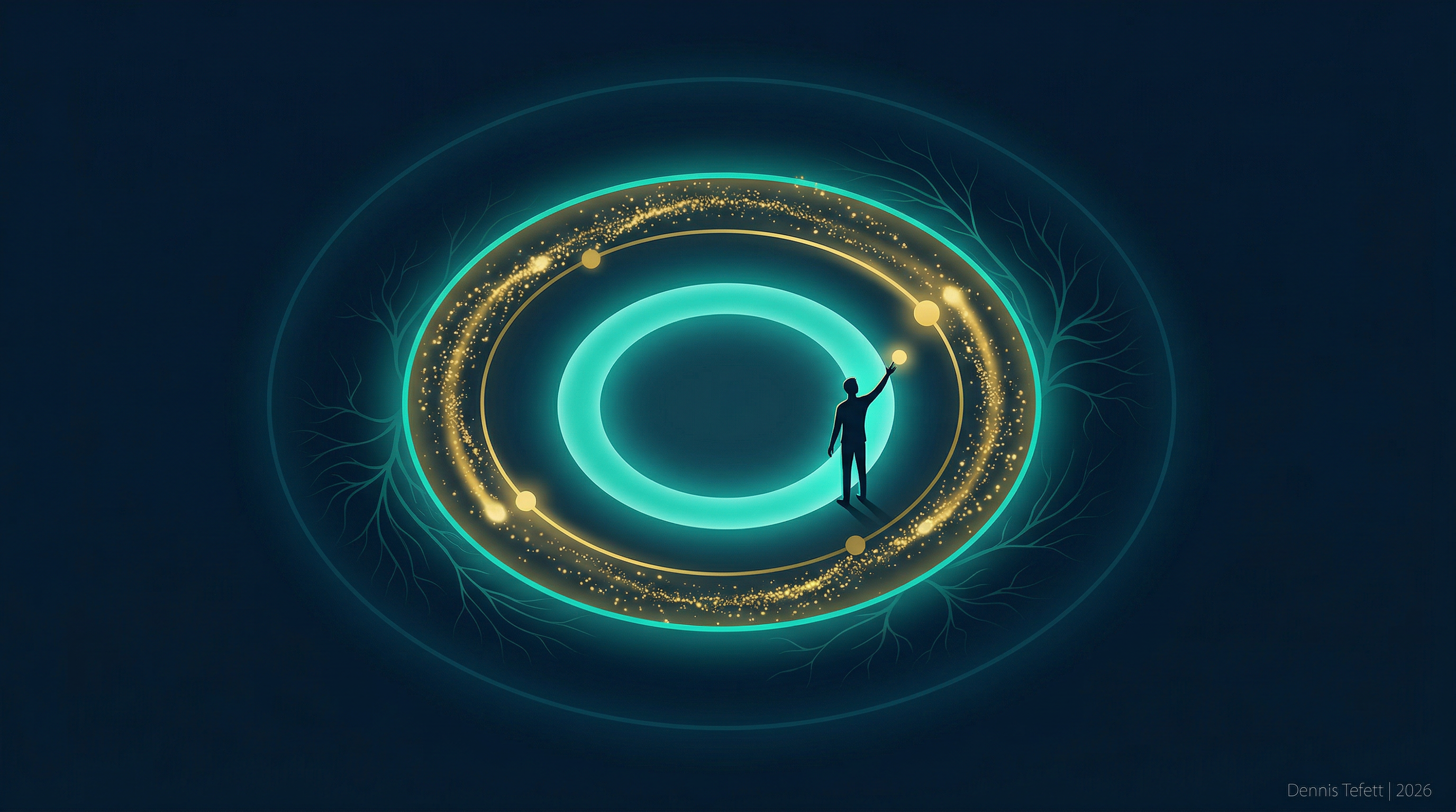 Drei konzentrische leuchtende Ringe von oben betrachtet: ein innerer türkiser Kern (Komfortzone), ein mittlerer Ring (Wachstumszone) und ein äußerer Ring (Panikzone). Eine Silhouette steht am Übergang. Symbolisiert Vygotskys Zone der proximalen Entwicklung. © 2026 Dennis Tefett