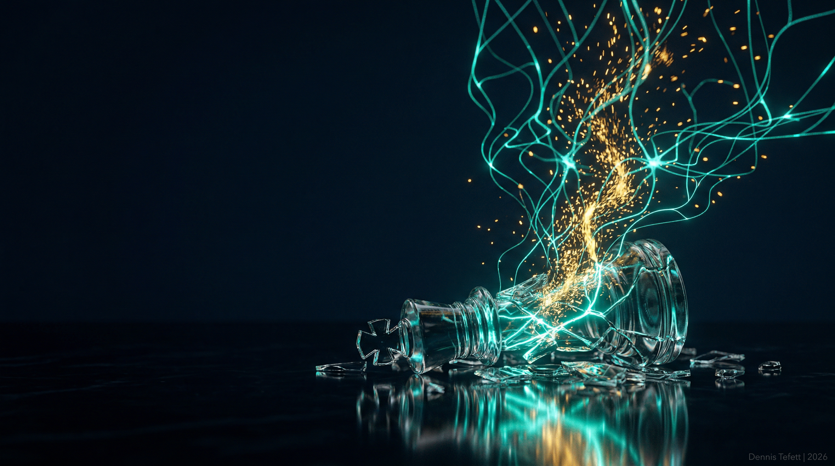 Zerbrochener gläserner Schachkönig auf reflektierender dunkler Oberfläche mit leuchtenden türkisen Lichtlinien und goldenen Splittern. Symbolisiert produktives Scheitern und die Kraft, aus Niederlagen zu lernen. © 2026 Dennis Tefett