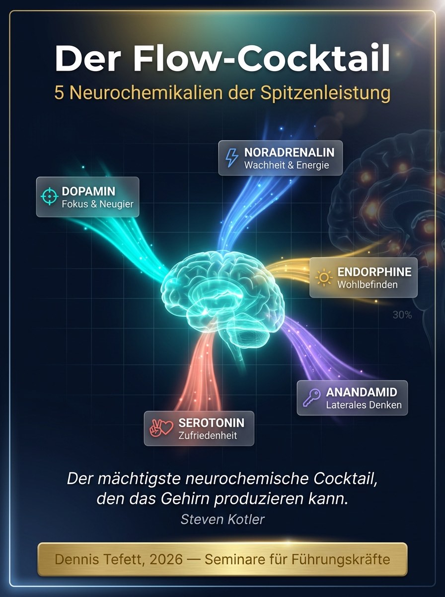Der neurochemische Flow-Cocktail: Fünf Neurochemikalien (Dopamin, Noradrenalin, Endorphine, Anandamid, Serotonin) strahlen aus einem leuchtenden Gehirn. Der mächtigste neurochemische Cocktail, den das Gehirn produzieren kann.