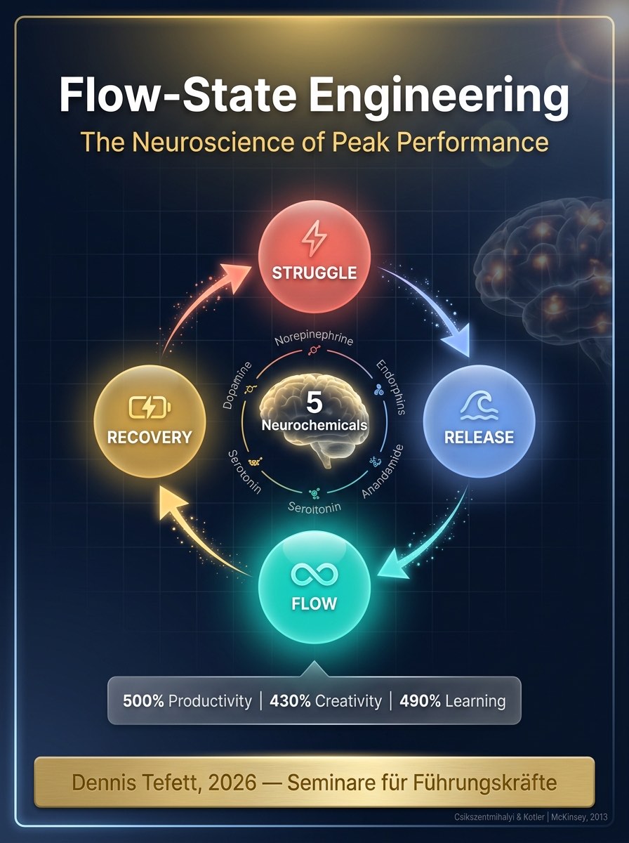 Infografik: Die 4 Phasen des Flow-Zyklus (Struggle, Release, Flow, Recovery) mit 5 Neurochemikalien im Zentrum. Farbcodierte Phasen auf dunklem Navy-Hintergrund.