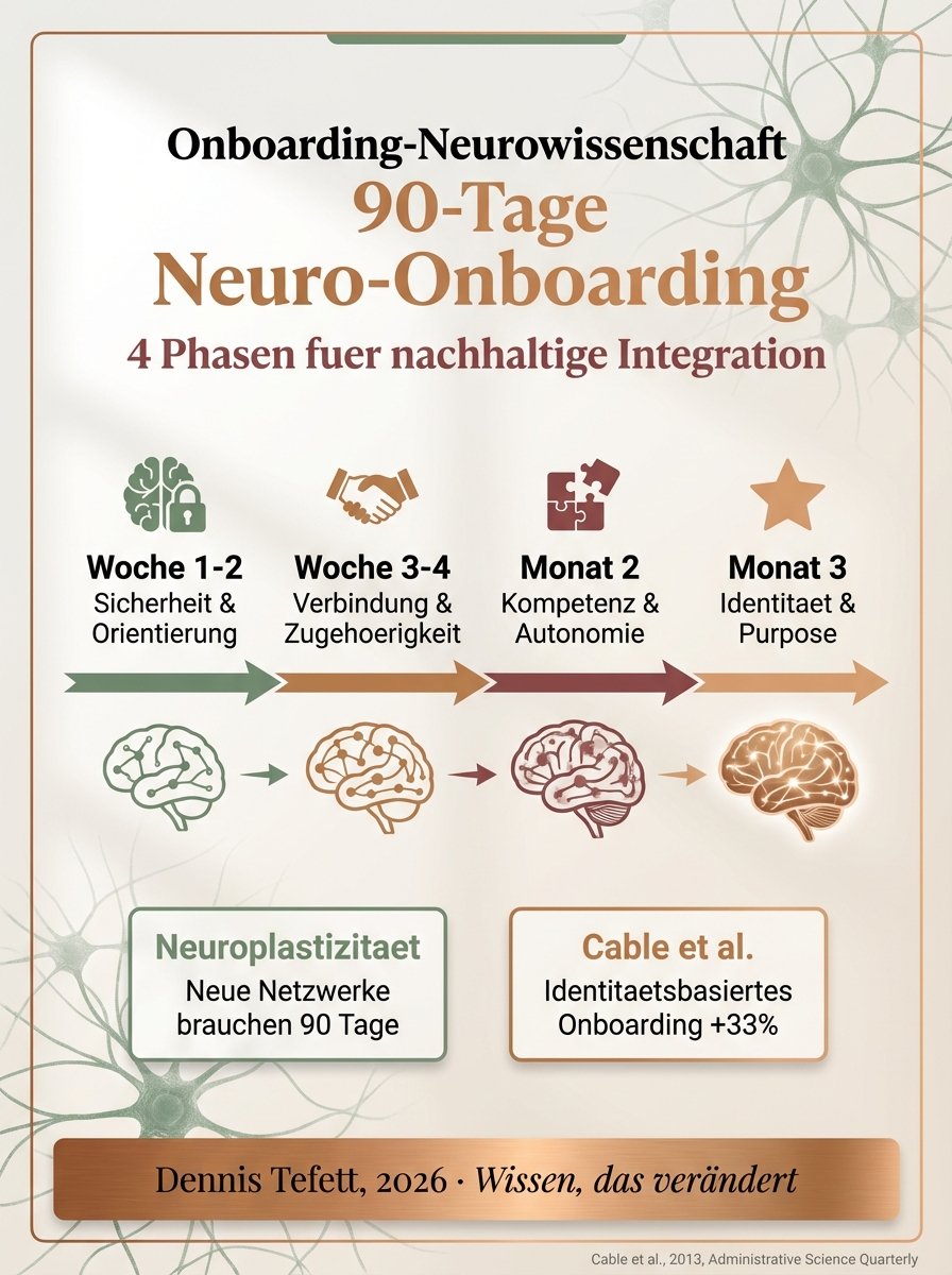 Infografik: 90-Tage Neuro-Onboarding Framework. 4 Phasen gehirngerechter Einarbeitung. Dennis Tefett, 2026.