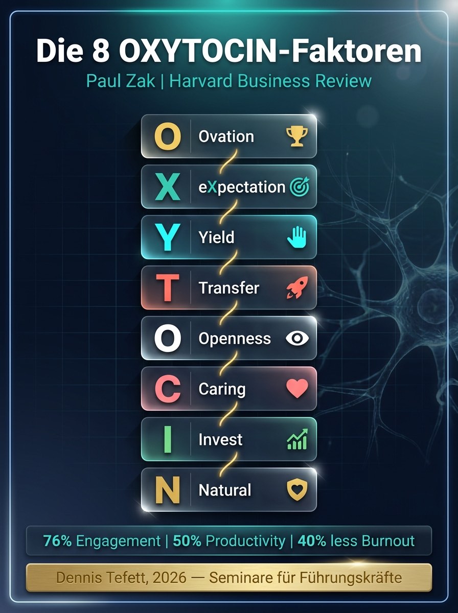 Infografik: Die 8 OXYTOCIN-Faktoren nach Paul Zak. Ovation, eXpectation, Yield, Transfer, Openness, Caring, Invest, Natural. Glasmorphe Karten auf dunklem Navy-Hintergrund mit goldener Branding-Plakette Dennis Tefett 2026.