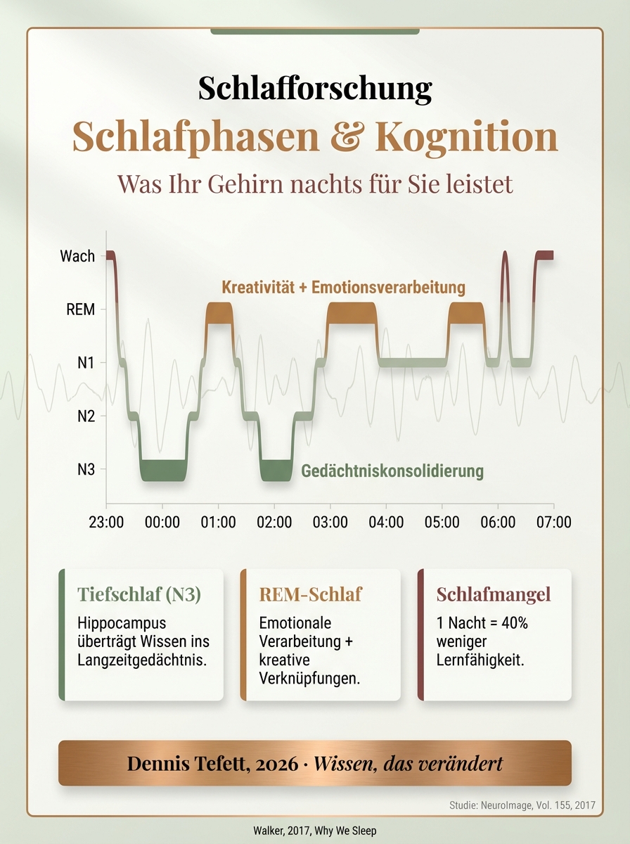 Infografik: Das Glymphatische System. Darstellung der Hirnreinigung im Schlaf. Gliazellen schrumpfen um 60%, Liquor spült toxische Abfallprodukte. Navy-Hintergrund.
