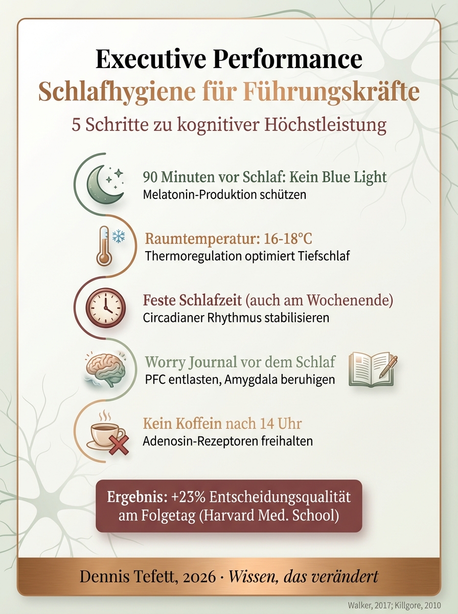 Infografik: Das Führungskräfte-Schlafprotokoll. 6 Strategien für optimalen Schlaf. Schlafhygiene, Temperatur, Licht, Timing, Koffein-Cutoff, Worry Journal.