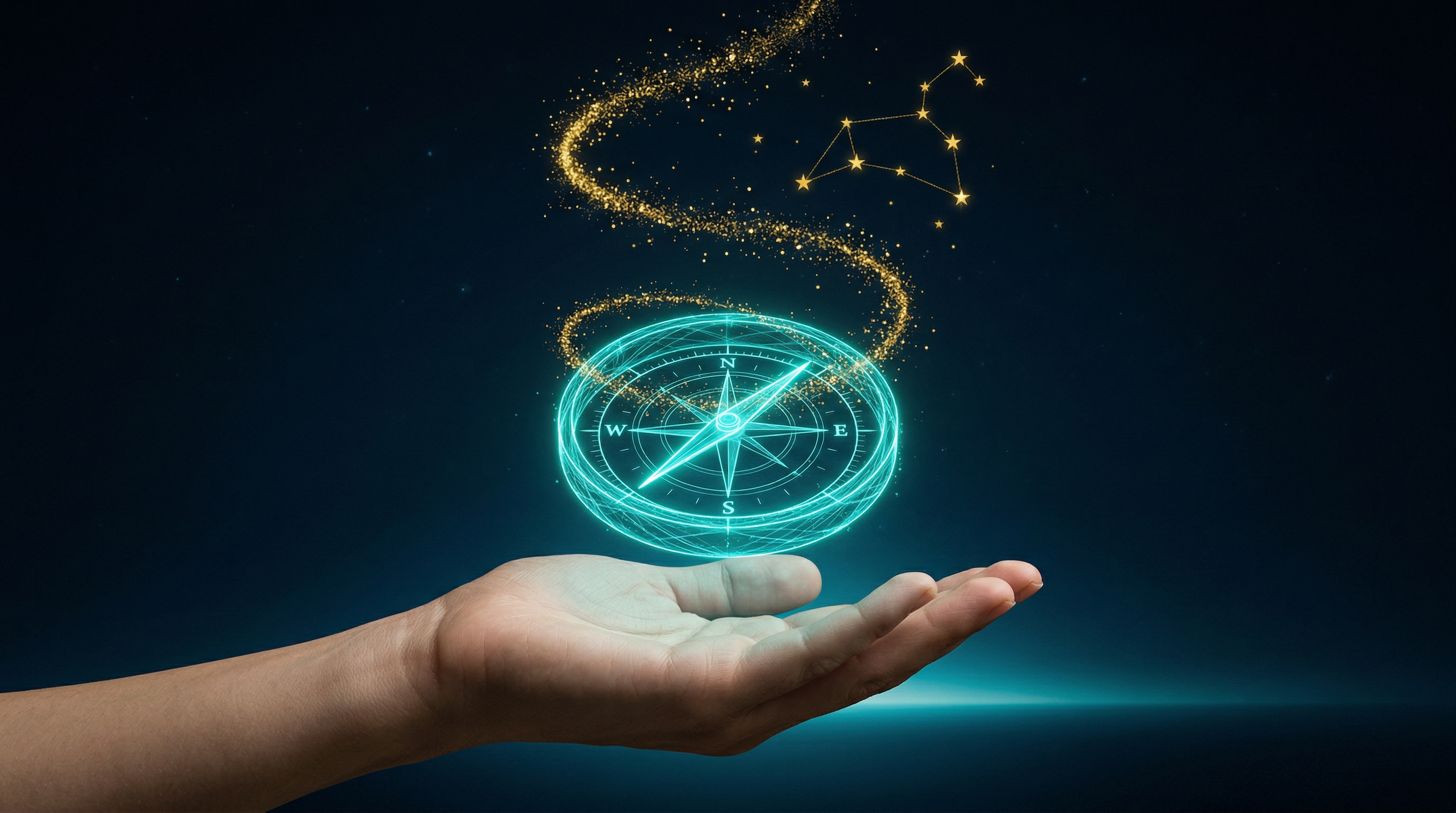 Leuchtender türkiser Kompass über einer offenen Hand mit goldenen Partikeln, die spiralförmig aufsteigen und ein Sternbild formen. Symbolisiert Orientierung, Vision und die Kraft der inneren Richtung für Führungskräfte. © 2026 Dennis Tefett